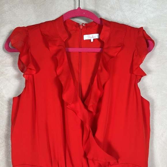 Parker Coral Red Silk Mini Dress w/ Ruffle Details Size 8 Fully Lined - Picture 5 of 13